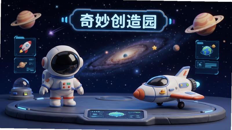 主体为太空主题搭建界面,背景为星空,布局开阔,排版科技感,风格科幻卡通,细节展示宇航员玩偶与飞船模型,画质精良,干净,无多余元素,包含文字