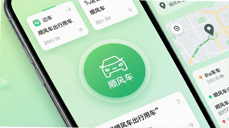 主体为“顺风车出行用车”安卓APP的高保真UI界面展示图,布局采用现代极简风格,背景为清新的浅绿色渐变,中央突出显示一个巨大的绿色圆形按钮,按钮内包含白色线条勾勒的“顺风车”图标,周围环绕着简洁的行程卡片和地图定位标记,排版工整有序,细节处体现科技感与亲和力,画质8k高清,干净无多余元素,文字加引号