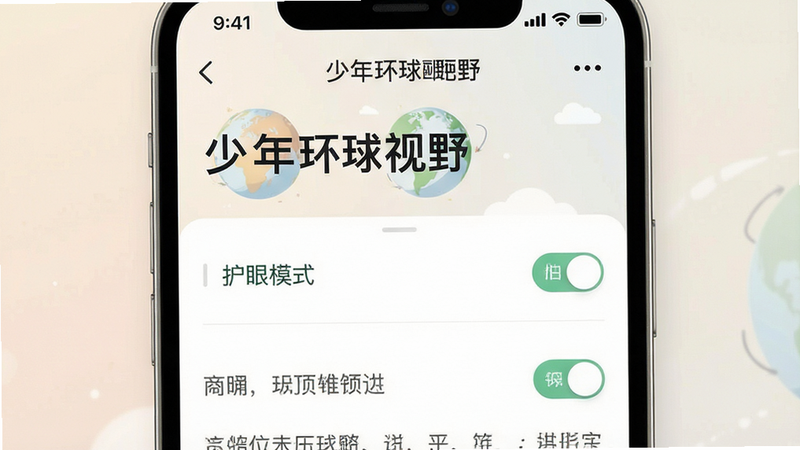 一张手机界面截图,主体是“少年环球视野”APP的阅读界面,字体清晰,背景柔和,布局整洁,风格简约,细节展示护眼模式开关,高清画质,干净无多余元素