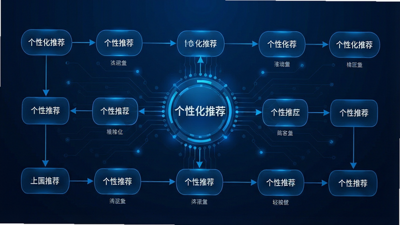 一张数据可视化图表,主体是个性化的推荐算法流程图,节点连接清晰,中心标注“个性化推荐”,布局结构严谨,风格科技蓝,细节丰富,高清画质,干净无多余元素