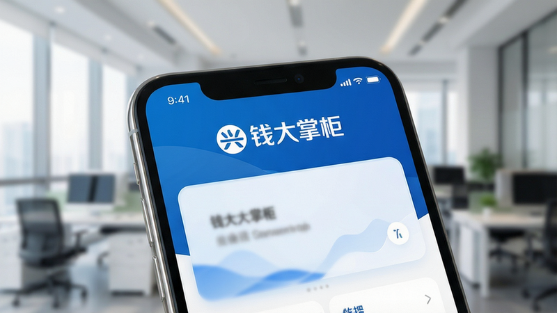 һ�Ÿ���������ֻ���Ļ��д����ʾ�š�Ǯ���ƹ�App�������棬��������ִ���Լ����ɫ��Ϊ��ҵ���б�־�Ե���ɫ���ɫ���䣬���������ɼ���Ǯ���ƹ�����Logo�������黯չʾ�ִ����İ칫������������ͣ�ͻ��Ӧ�õĿƼ�����רҵ�ԣ������������޶���Ԫ��
