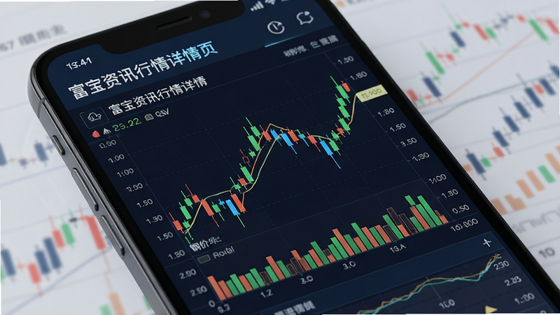 富宝资讯行情详情页,主体为手机屏幕,布局以图表为主,显示铜价K线图,坐标轴清晰,风格科技感,细节包含成交量柱状图,画质清晰,干净,无多余元素