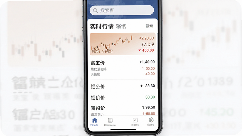 富宝资讯安卓版首页界面展示,主体为手机屏幕,布局清晰,顶部显示搜索栏,中部为实时行情列表,底部为功能导航栏,风格商务简约,细节包含铜价、铝价等具体数字,画质高清,干净,无多余元素