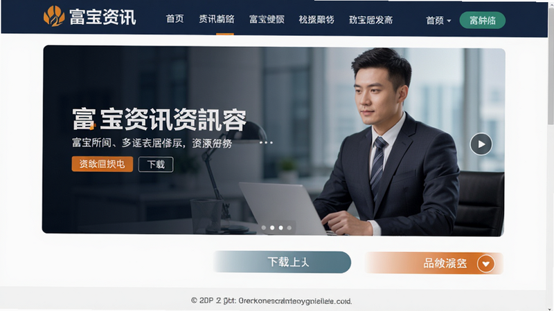 富宝资讯官网首页截图,主体为网页界面,布局包含导航栏、Banner图、下载按钮,风格商务,细节包含Logo与版权信息,画质高清,干净,无多余元素