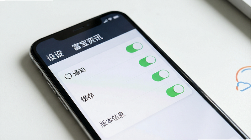 富宝资讯设置界面,主体为手机屏幕,布局为列表式选项,包含通知、缓存、版本信息,风格简洁,细节包含开关按钮,画质清晰,干净,无多余元素