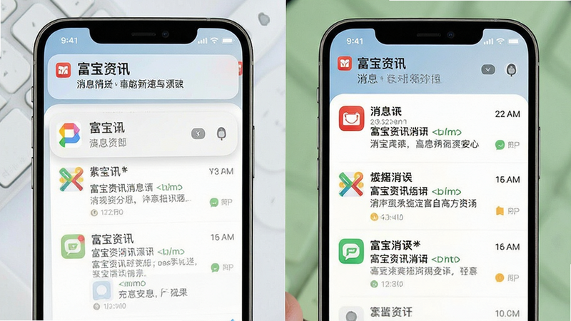 富宝资讯消息推送界面,主体为手机通知栏及App消息列表,布局整齐,风格简洁,细节包含时间戳与消息摘要,画质清晰,干净,无多余元素
