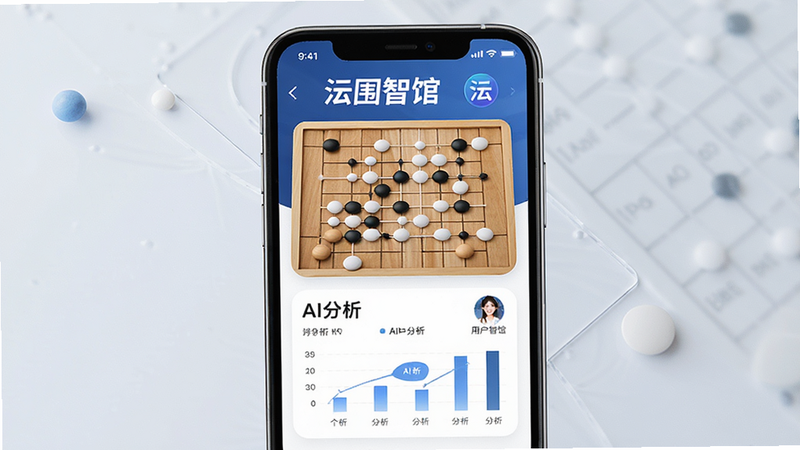 一张展示“围智馆”APP核心功能的综合预览图,主体为手机屏幕界面,布局包含棋盘、AI分析图表和用户头像,排版整齐,风格现代科技感,细节清晰,文字“围智馆”醒目,高清,干净,无多余元素