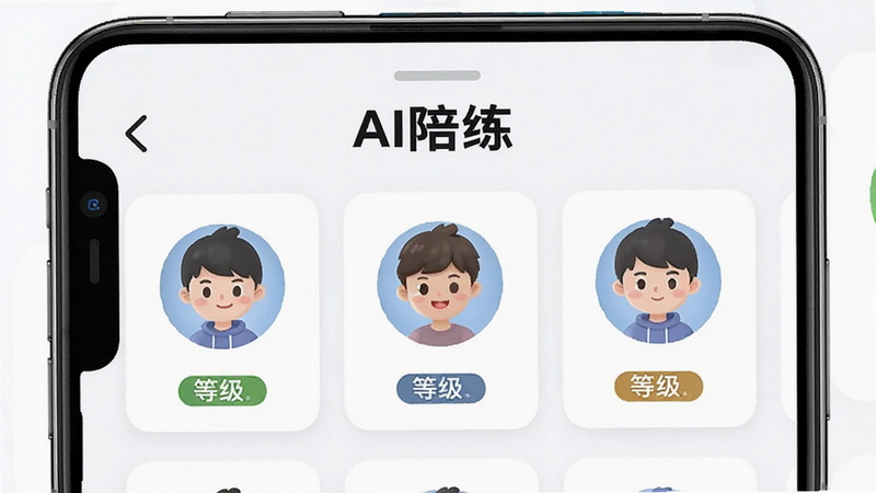 手机界面展示“AI陪练”选择页,列出不同难度的AI头像与等级标识,布局清晰,风格友好,细节丰富,文字“AI陪练”加粗,高清,干净,无多余元素