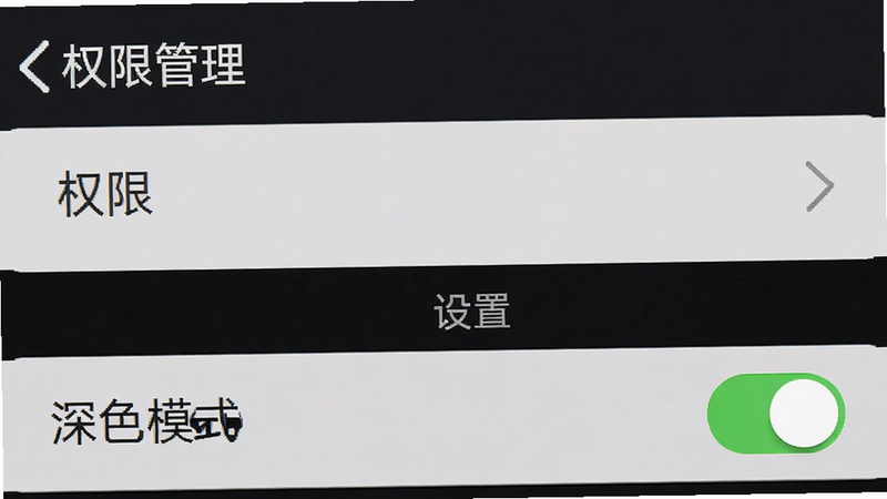 手机设置界面截图,显示“权限管理”和“深色模式”开关,布局清晰,风格简洁,细节准确,文字“权限”、“设置”清晰,高清,干净,无多余元素