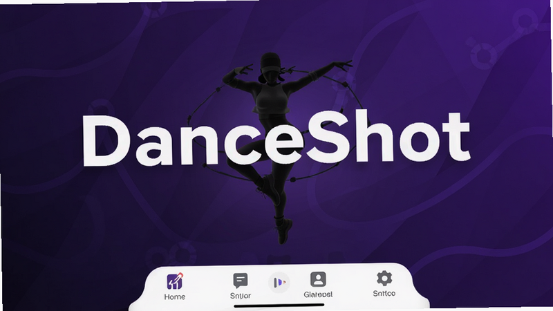 主体为DanceShot应用主界面全屏展示,布局采用深紫色渐变背景,中央显示一个正在旋转的3D舞者剪影模型,排版简洁现代,风格科技感强,细节包含底部功能栏图标清晰可见,画质4k高清,干净无多余元素,文字