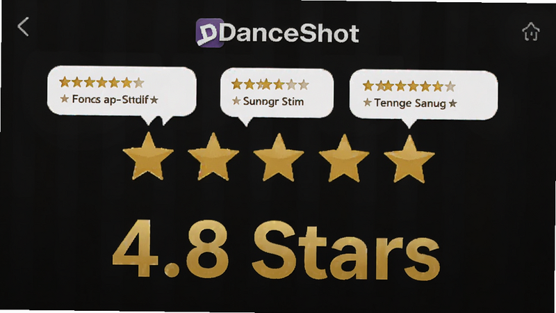 主体为DanceShot应用商店评分界面,布局为五星评分展示,排版居中突出,风格信任感强,细节包含高分评价气泡,画质清晰,干净,文字