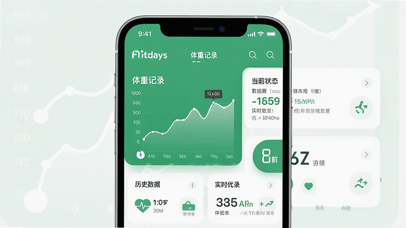 主体为Fitdays手机应用界面,布局清晰展示体重趋势折线图和实时数据卡片,排版采用左右分栏结构,左侧为历史数据,右侧为当前状态,风格为现代极简主义,细节处体现健康绿与白色搭配,画质高清,干净无多余元素,文字内容包含