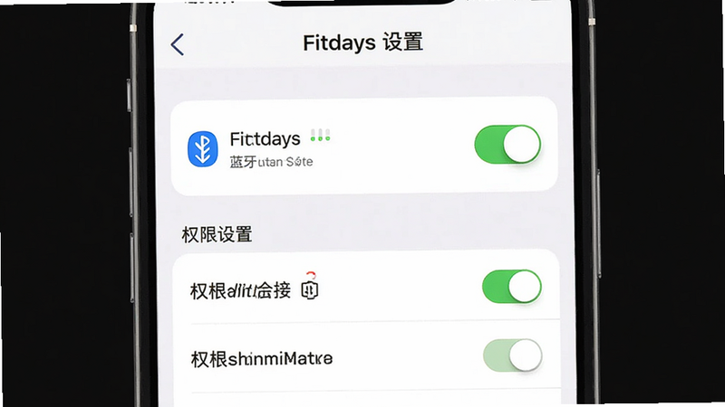 主体为Fitdays APP设置界面,布局展示蓝牙连接状态和权限设置列表,排版清晰,风格简洁,细节处有开关按钮和状态图标,画质高清,干净,无多余元素,文字内容包含