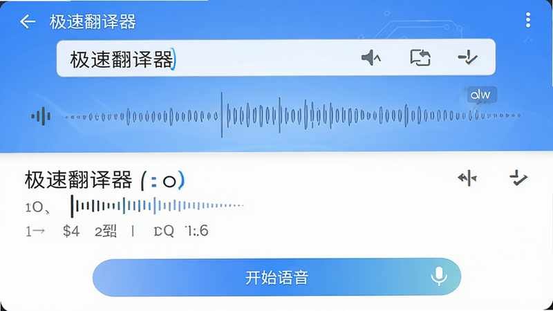 主体为极速翻译器安卓应用界面,布局清晰,分为上下两部分,上方为输入与语音波形区域,下方为结果展示与复制按钮,排版整齐,风格扁平化科技感,细节展现流畅的交互反馈,文字包含“极速翻译器”及“开始语音”按钮,画质高清,干净,无多余元素