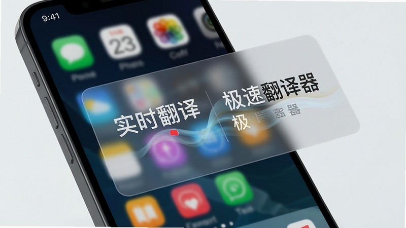 主体为手机屏幕悬浮翻译窗口,布局展示手机主界面与悬浮的半透明译文框,排版动态感强,风格现代简洁,细节展示文字从原文到译文的流动效果,文字包含“实时翻译”与“极速翻译器”,画质清晰,干净,无多余元素