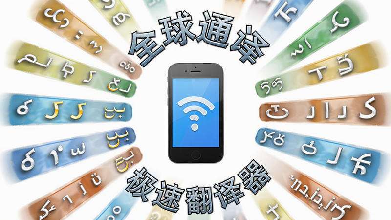 主体为多语言字符环绕手机图标,布局呈放射状分布,排版均衡,风格国际化视觉,细节展示不同语言符号的光泽质感,文字包含“全球通译”与“极速翻译器”,画质高保真,干净,无多余元素