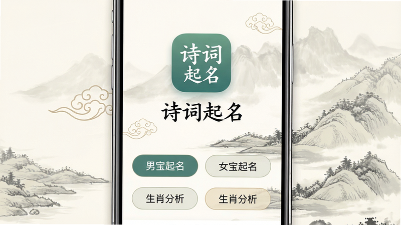 主体为一款名为'诗词起名'的手机APP界面展示,布局采用极简主义风格,背景为淡雅的水墨山水纹理,中央显示应用图标及'诗词起名'标题,下方排列着'男宝起名'、'女宝起名'、'生肖分析'等功能入口按钮,排版整齐对称,风格为中国风与现代UI融合,细节处有淡淡的祥云纹样,画质高清,干净,无多余元素,文字清晰可见'诗词起名'