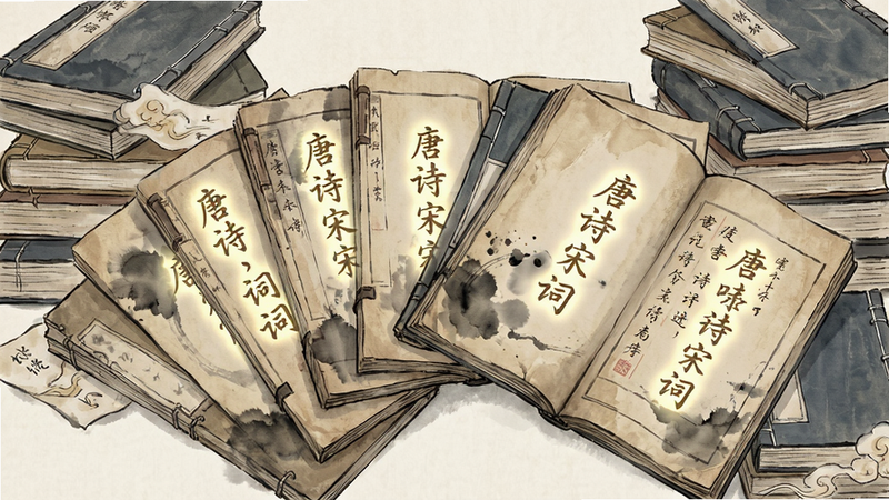 展示一个充满古典韵味的书籍堆叠场景,主体是几本打开的古籍,书页上浮现出发光的汉字诗句,布局呈扇形展开,排版错落有致,风格为国风插画,细节处有墨迹晕染效果,画质细腻,干净,无多余元素,文字清晰可见'唐诗宋词'