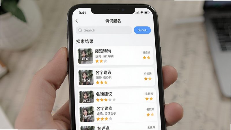 主体为一部智能手机屏幕,显示'诗词起名'APP的搜索结果页面,布局为列表形式,每条结果包含诗句、名字建议及评分,排版清晰易读,风格为简洁现代,细节处有搜索框和筛选按钮,画质高清,干净,无多余元素,文字清晰可见'搜索结果'