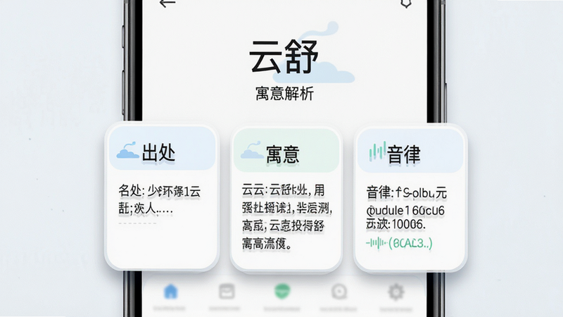 主体是一个手机屏幕特写,显示着一个名字'云舒'及其下方的详细解析卡片,布局清晰分为'出处'、'寓意'、'音律'三个模块,排版采用卡片式设计,风格为清新扁平化,细节处有柔和的阴影增加层次感,画质高清,干净,无多余元素,文字清晰可见'云舒'、'寓意解析'