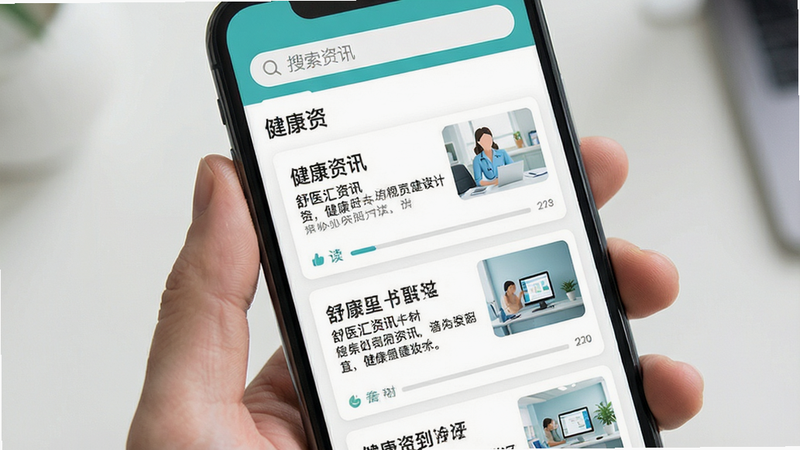 �ֻ���Ļ��ʾ��ҽ����Ѷҳ�棬����Ϊ���������·�Ϊ��Ƭʽ�����б���ÿ�ſ�Ƭ�������⡢ժҪ����ͼ�����ֹ�����ɫ�����£�����ƽ����ϸ�ڴ����Ķ��������������������ɾ����޶���װ�Σ�����Ϊ��������Ѷ��