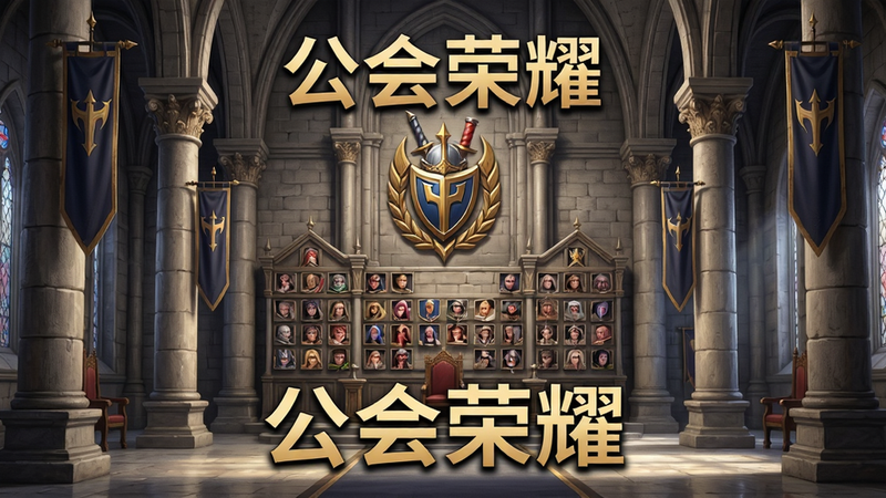 主体为公会大厅场景,布局中心对称,展示玩家头像墙与公会徽章,排版庄重典雅,风格为宏伟城堡建筑,细节刻画石柱与旗帜,画质细腻,干净,文字“公会荣耀”醒目