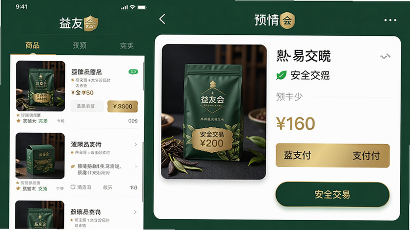 ����һ���ƶ���APP����ʾ��ͼ������Ϊ���ѻ�APP�Ľ���ҳ�棬���ַ�Ϊ�����Ʒ�б����Ҳ�����Ԥ�������Ϊ��������磬ɫ�������̺ͽ�ɫ��׺��ϸ��չʾ��Ҷ��װͼ���۸��ǩ��֧����ť���������������ֱ�ǩΪ
