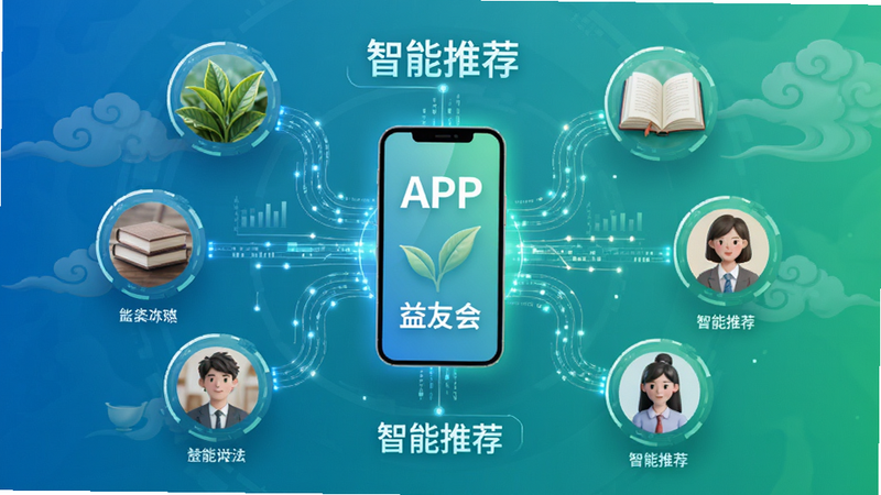 ����һ�Ÿ���ͼ������Ϊ���ѻ�APP���Ƽ��㷨���ӻ�������Ϊ���ķ���״���������ֻ�ͼ�꣬��Χ�����Ų�Ҷ���鼮������ͷ���Ԫ�أ����Ϊ�Ƽ�������Ļ��ںϣ�ɫ��Ϊ���̽��䣬ϸ��չʾ�������������������ֱ�ע