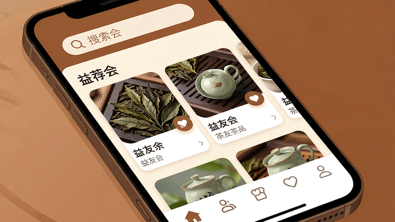����һ�Ÿ������ֲ廭������Ϊ�ֻ���Ļ���棬��ʾ���ѻ�APP��ҳ���������������������������в��Ƽ���Ʒ��Ƭ���ײ������������Ϊ�ִ���ƽ����ƣ�ɫ����ů��ɫ���װ�ɫΪ����ϸ��չ�ֲ�Ҷ�������罻ͼ�꣬����8k���ɾ��޶���Ԫ�أ����������ɼ�