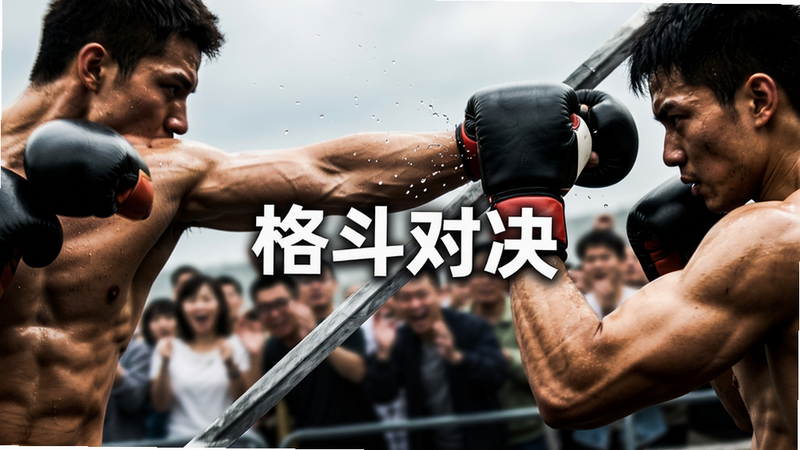 主体为两名角色激烈对战,一人挥拳,一人格挡,背景虚化显示围观人群,布局为对角线动态构图,突出动作张力,排版聚焦于手部与武器交互,风格为高对比度动作捕捉效果,细节包括汗水飞溅和肌肉线条,画质锐利,干净背景,文字
