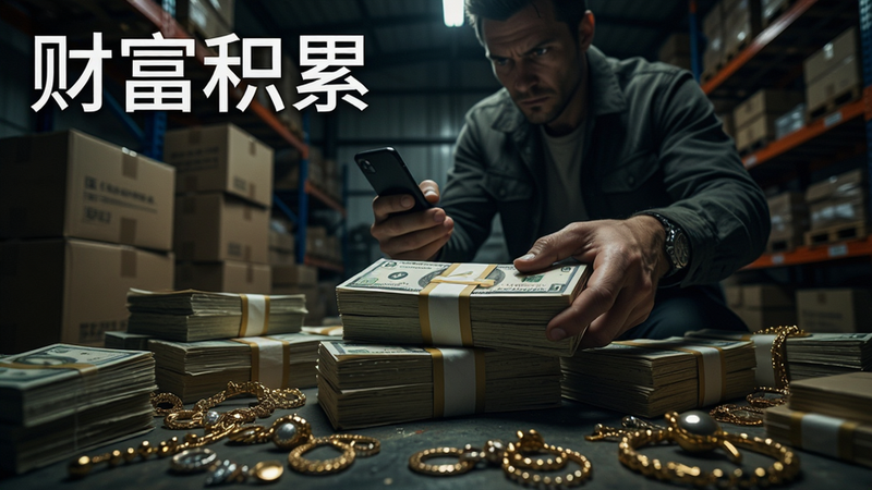 主体为角色在昏暗仓库中清点一捆捆现金和散落的金饰,背景是堆叠的纸箱和货架,布局为低角度特写,突出财富细节,排版紧凑,风格为写实暗黑风,细节包括现金纹理和金属光泽,画质精细,干净无杂物,文字