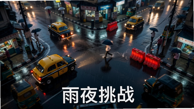 主体为雨夜中的印度街头场景,湿滑的柏油路面反射着黄色出租车和红色路障的光,布局为俯视视角,展示复杂的街道网络,排版开阔,风格为电影级光影渲染,细节包括雨滴溅起的水花和模糊的路人剪影,画质8k超清,干净无噪点,文字