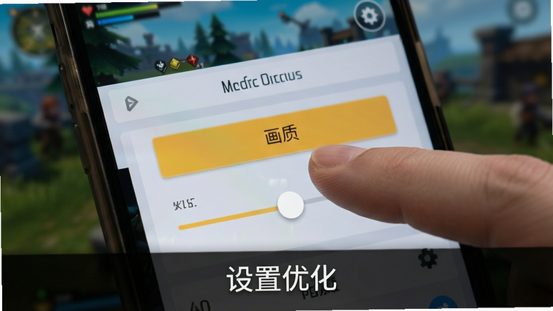 主体为手机屏幕显示游戏设置界面,手指正在点击“画质”选项,背景为模糊的游戏场景,布局为特写视角,突出操作细节,排版清晰,风格为简洁UI设计,细节包括按钮高亮和滑块位置,画质清晰,干净无干扰,文字