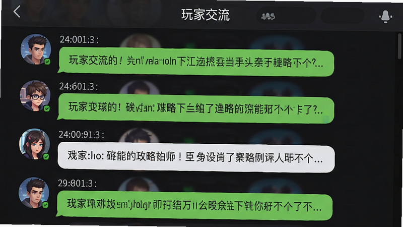 主体为游戏社区群聊界面截图,显示多人讨论攻略,背景为深色模式,布局为列表式,排版整齐,风格为现代社交APP UI,细节包括头像、时间戳和消息气泡,画质清晰,干净无广告,文字