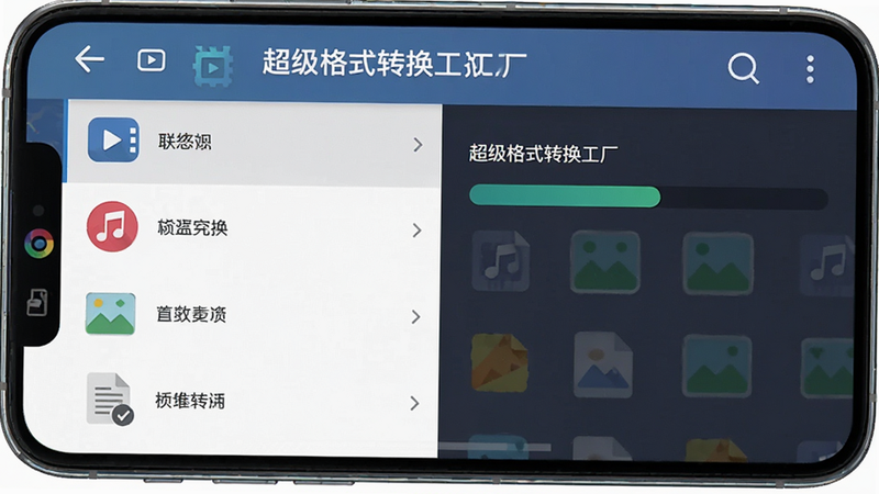 主体为智能手机屏幕,展示“超级格式转换工厂”应用界面,布局清晰,左侧为文件列表,右侧为转换进度条,排版简洁现代,风格为扁平化设计,细节包含视频、音频、图片、文档图标,画质高清,干净,无多余元素,文字包含“超级格式转换工厂”