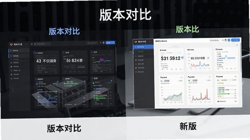 主体为版本对比图,左侧为旧版界面,右侧为新版界面,布局左右对比,排版清晰,风格技术流,细节显示版本号差异,画质清晰,干净,无多余元素,文字包含“版本对比”