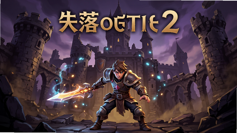 主体为游戏《失落城堡2》的宣传海报,背景是破碎的中世纪城堡废墟,色调为暗紫色与金色交织,前景展示主角手持发光武器准备战斗的姿态,周围漂浮着魔法粒子,布局居中,排版大气,风格为3D渲染与2D手绘结合,细节丰富,画质高清,干净,无多余元素