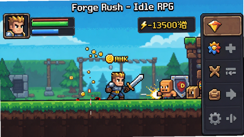 ����:��Forge Rush - Idle RPG����׿�ֻ�����Ϸ�������ͼ������:���Ϊ��ɫͷ����״̬�����м�Ϊ��̬ս���������Ҳ�Ϊ���ܲ˵����Ű�:����������ص�ͻ���һ��������ݣ����:�������ط磬ɫ���������죻ϸ��:��ʾ���������������ɫ�ӽ���������������:��������㣬�ɾ��޶���Ԫ�أ�����'Forge Rush - Idle RPG'�����ɼ�