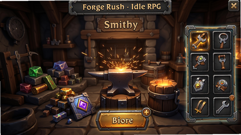 ����:��Forge Rush - Idle RPG��װ�����칤������������:����λ�����룬��Χ���Ƹ�����϶ѣ��Ű�:UI�����࣬�ϳɰ�ť��Ŀ�����:��������ã������ʸ�ǿ�ң�ϸ��:�𻨷ɽ���Ч��װ����Ʒչʾ�򷢹⣻����:�߱�����Ⱦ����ӰЧ�����棬����'Smithy'����