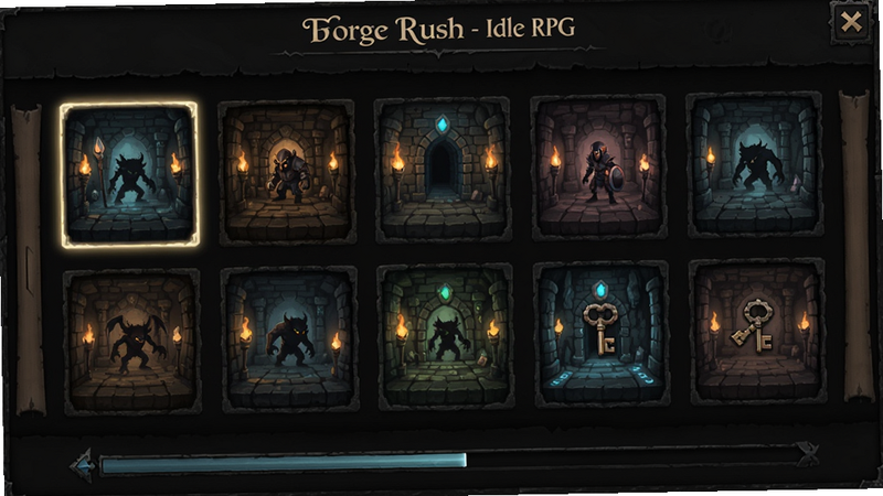 ����:��Forge Rush - Idle RPG�����ε�ͼѡ����棻����:����״չʾ���ؿ���ڣ��ѽ����ؿ��������Ű�:��������б������������������:������ã����ط�Χ��ϸ��:�����Ӱ��Լ�ɼ���Կ��ͼ��ָʾ���ȣ�����:ϸ�ڷḻ��ɫ�����ȣ�����'Dungeon Map'׼ȷ