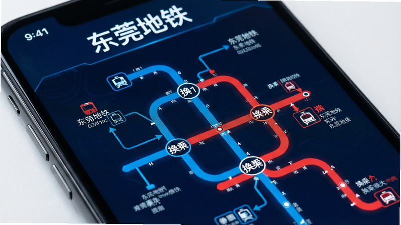 主体为手机屏幕特写,显示“东莞地铁”换乘路线图,布局为流程图形式,蓝色与红色线路交织,标注“换乘”字样,风格科技感,细节清晰,画质高清,干净无多余元素,文字“东莞地铁”醒目