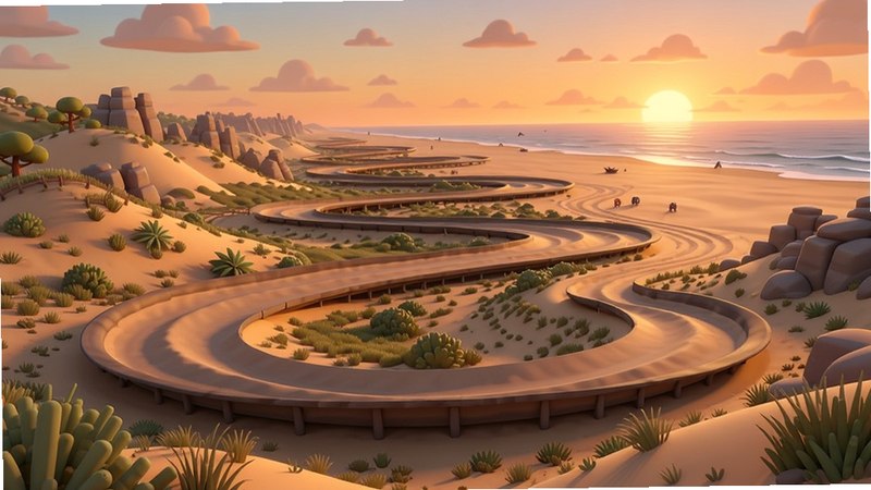 主体是一条蜿蜒曲折的沙滩赛道,穿过沙丘和岩石,背景是夕阳西下的天空,布局为透视视角,风格为壮丽自然景观,细节包括赛道两旁的植被和远处的地平线,画质宏大,干净,无多余元素