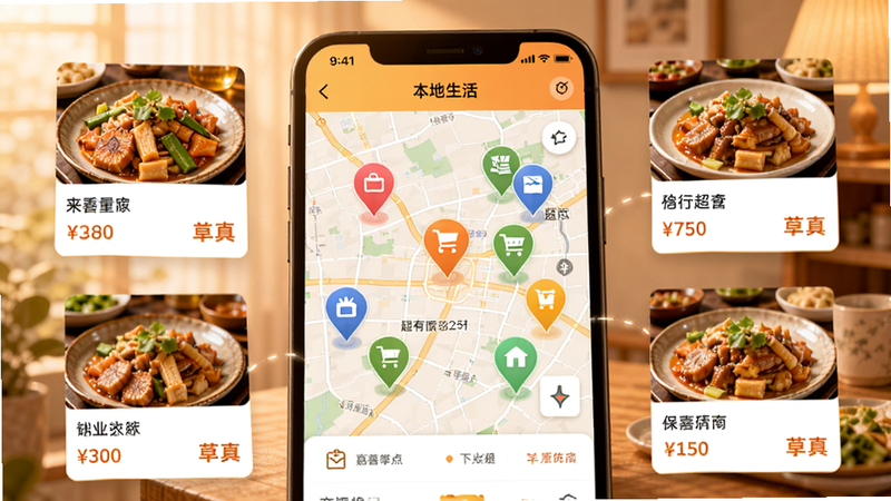 描绘in嘉善APP本地生活板块的视觉效果图,画面中心是一个地图界面,地图上标注着多个彩色定位图标,代表附近的餐厅、超市和景点。周围环绕着几个悬浮的卡片,显示着美食图片和价格标签。整体色调温暖,充满生活气息,光影效果柔和,营造温馨舒适的氛围。高清画质,构图饱满,无杂乱背景。