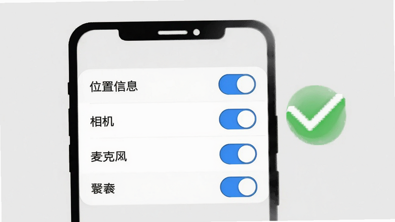 展示手机设置权限界面的模拟图,背景为浅灰色,中间有一个手机轮廓,屏幕上显示“位置信息”、“相机”、“麦克风”等权限开关,开关呈蓝色开启状态。旁边有一个绿色的对勾图标,表示权限已正确设置。风格简洁明了,扁平化设计,高对比度,清晰展示操作重点。