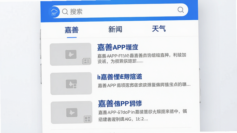 展示in嘉善APP资讯列表页面的设计概念图,白色背景,列表项整齐排列,每条资讯左侧配有缩略图占位符,右侧为标题和摘要文字。顶部有搜索栏和分类标签“嘉善”、“新闻”、“天气”。整体风格干净利落,字体清晰易读,蓝色为主色调,体现科技与信赖感。高清渲染,细节精致。