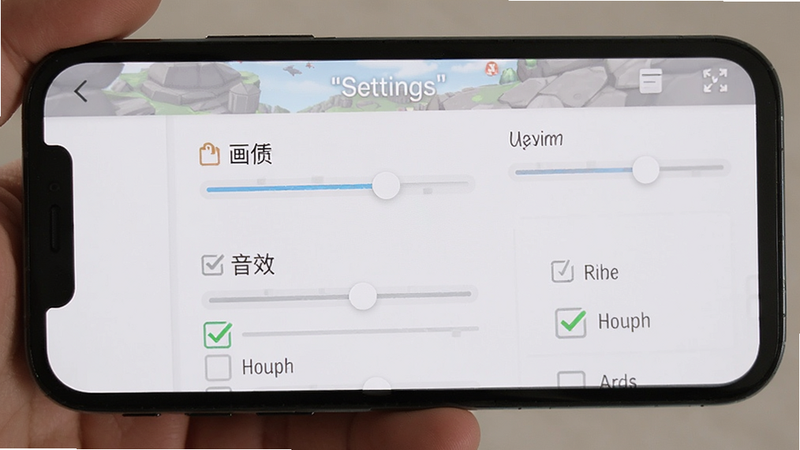 主体为手机屏幕显示游戏设置界面,布局清晰展示画质与音效选项,排版简洁直观,风格为UI设计,细节包含滑块与勾选框,画质清晰,干净,文字加引号“Settings”