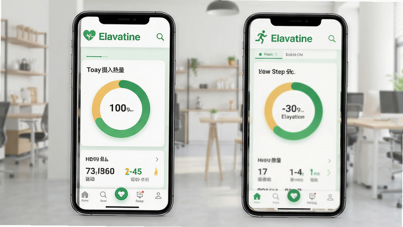 Elavatine 应用界面全景展示,主体为手机屏幕显示的主菜单页面,布局简洁现代,顶部为品牌Logo,中部为今日摄入热量环形图与运动步数统计,底部为导航栏,风格为清新扁平化设计,细节包含绿色健康元素图标,画质高清,干净,无多余元素,文字