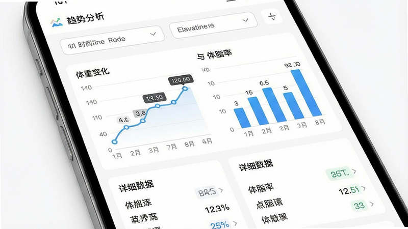 Elavatine 数据可视化报表界面,主体为手机屏幕,显示体重变化折线图与体脂率柱状图,布局上下分布,上方为时间筛选器,下方为详细数据对比卡片,风格极简白色背景,细节包含数据点标注,画质高保真,干净,无多余元素,文字