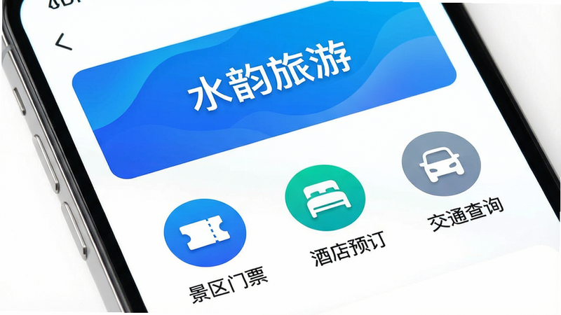 一张高清手机屏幕特写,屏幕中央显示“水韵旅游”APP首页界面,顶部有醒目的蓝色渐变背景,下方排列着“景区门票”、“酒店预订”、“交通查询”等圆形图标,界面设计简洁现代,字体清晰,背景为纯白色,无多余装饰,4k高清,干净明亮