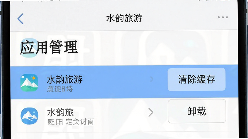 手机设置界面截图,显示“应用管理”列表,其中“水韵旅游”被高亮选中,右侧有“清除缓存”和“卸载”按钮,界面简洁,白色背景,灰色文字,高清细节,无干扰元素